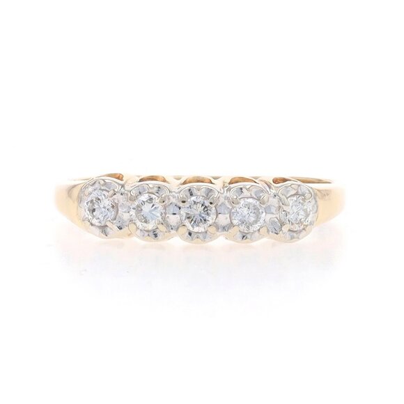Yellow Gold Diamond Vintage Wedding Band - 14k Round .20ctw Five-Stone Ring